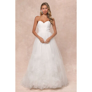 Lulus Beloved Vow White Tulle Pleated Strapless Flower Maxi Dress - Size L